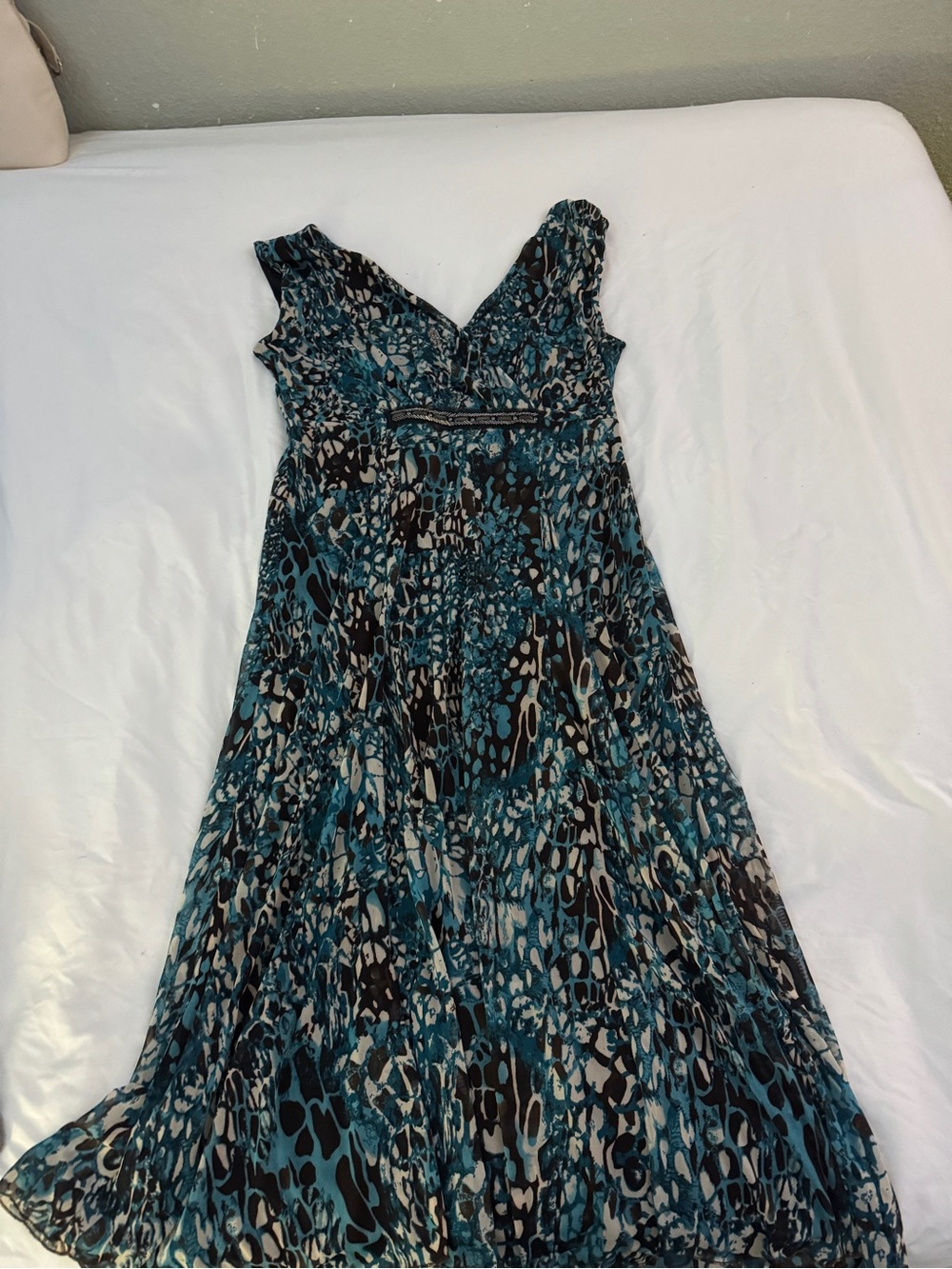 Tribal Teal Abstract Animal Print Chiffon Empire Waist Midi Maxi Dress L